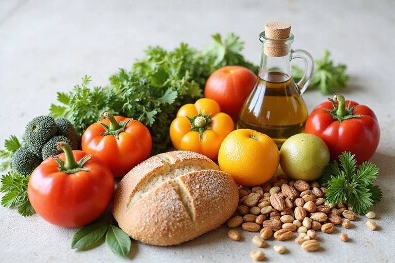 Ingredienti della dieta mediterranea disposti artisticamente
