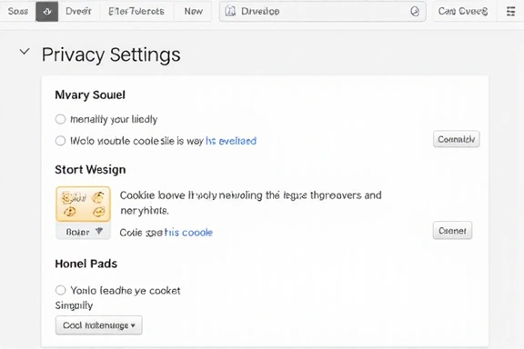 Illustrazione di un utente che gestisce le impostazioni della privacy, con icone di cookie e un cursore che seleziona le opzioni