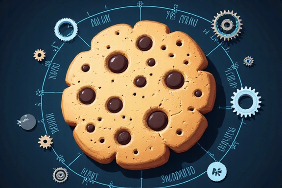 Illustrazione di un biscotto, simbolo dei cookie digitali, con ingranaggi e circuiti che ne indicano la funzione tecnologica