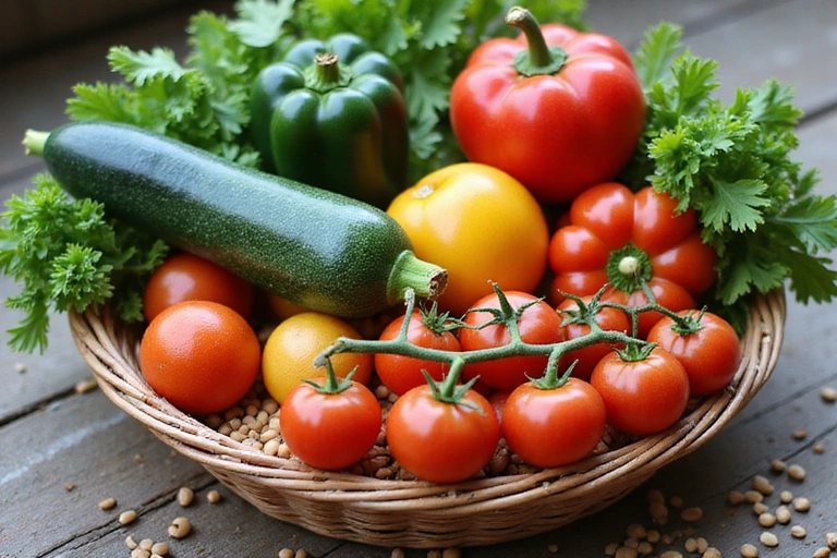 Cesto abbondante di verdure fresche di stagione e legumi secchi come fagioli e lenticchie