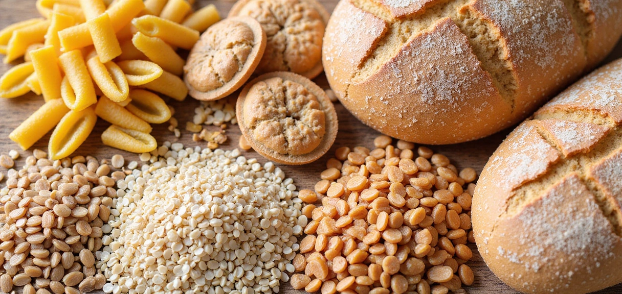 Vari tipi di cereali integrali: pasta integrale, pane di farro, orzo perlato e chicchi di grano