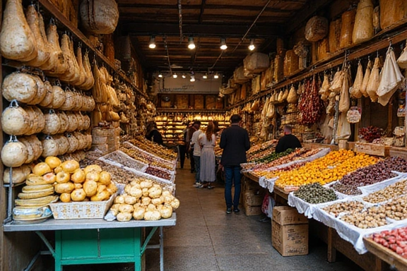 Mercato tradizionale italiano con banchi di prodotti freschi