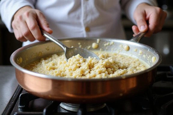 Un cuoco che prepara risotto in una padella di rame