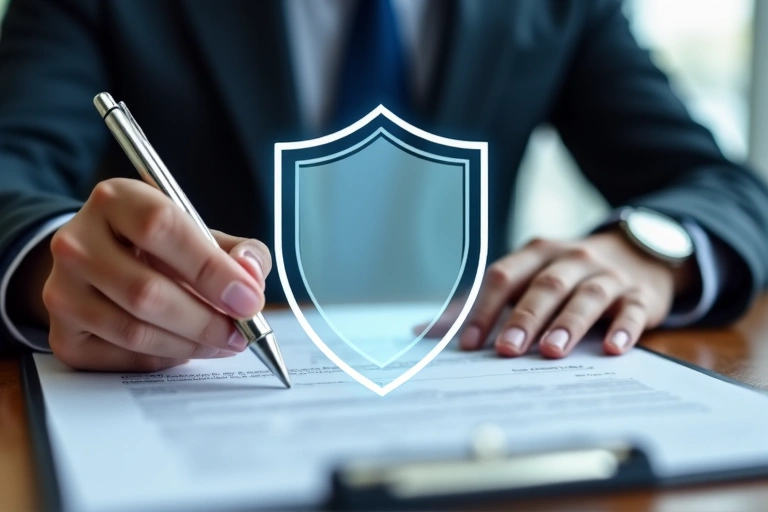 Persona che legge un documento legale con un simbolo di privacy