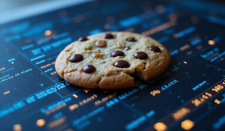 Immagine che illustra l'uso dei cookie su un sito web, con icone di cookie e dati digitali